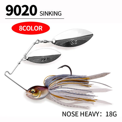 Sinking fishing lure with metallic spinner blades, multicolored skirt, and single hook, 18g weight.