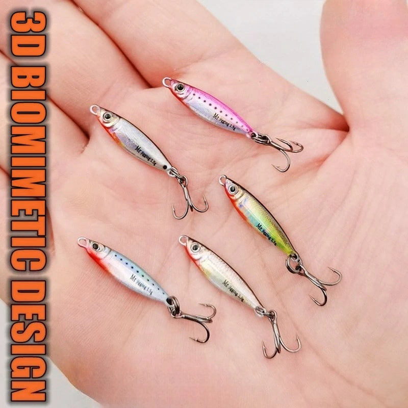 Five colorful 3D biomimetic fishing lures with treble hooks displayed on a hand.