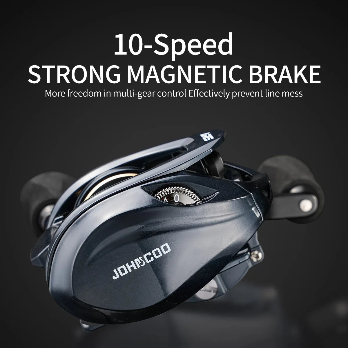 10-speed fishing reel with strong magnetic brake and ergonomic handles, close-up view