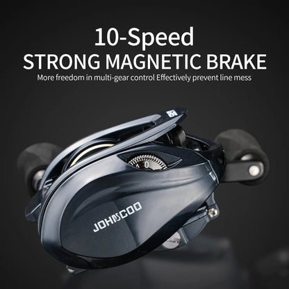 10-speed fishing reel with strong magnetic brake and ergonomic handles, close-up view