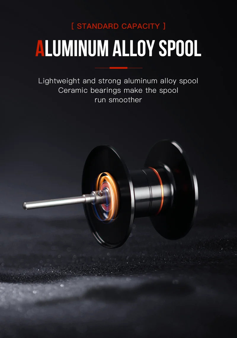 Standard capacity aluminum alloy spool with ceramic bearings on dark background