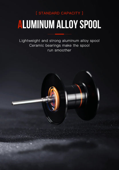 Standard capacity aluminum alloy spool with ceramic bearings on dark background