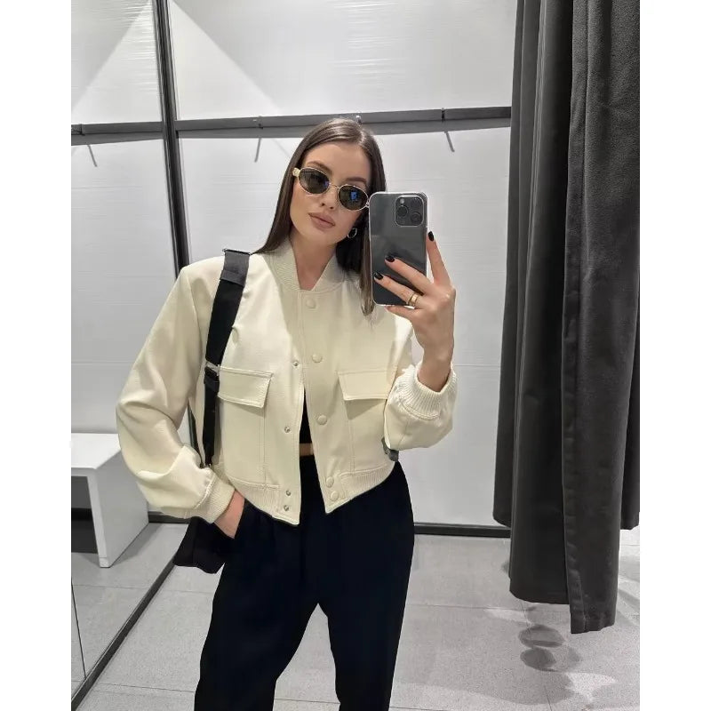 Woman Bomber Jacket White Autumn Winter Button Cropped Jackets Women Fashion Long Sleeve Coats