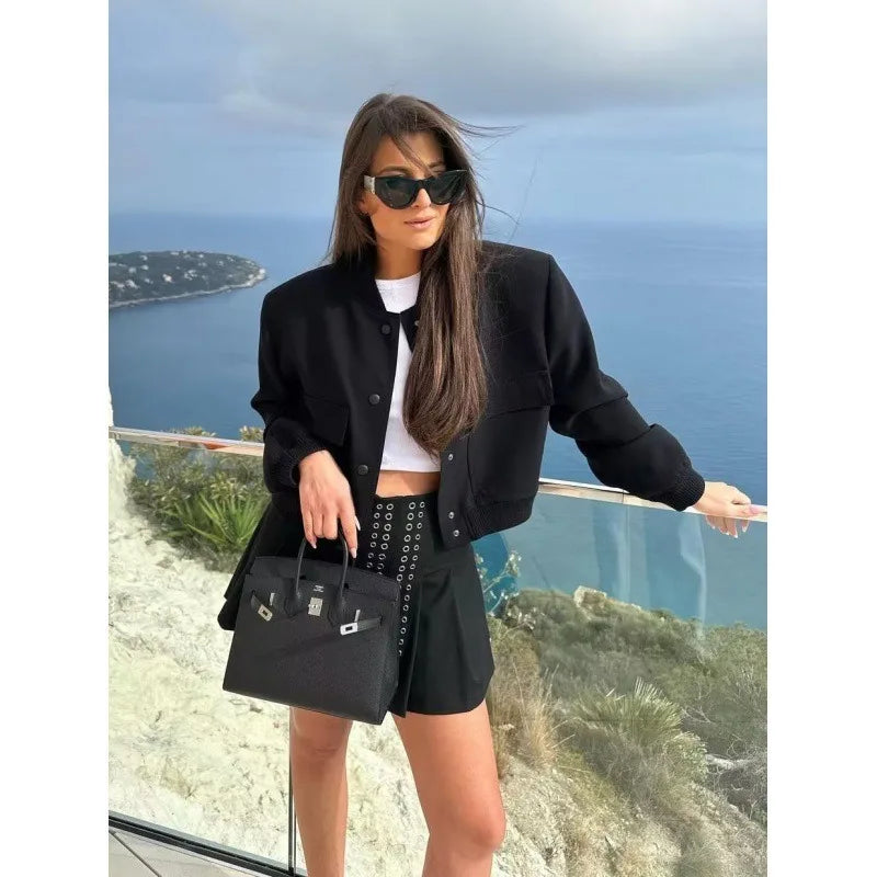 Woman Bomber Jacket White Autumn Winter Button Cropped Jackets Women Fashion Long Sleeve Coats