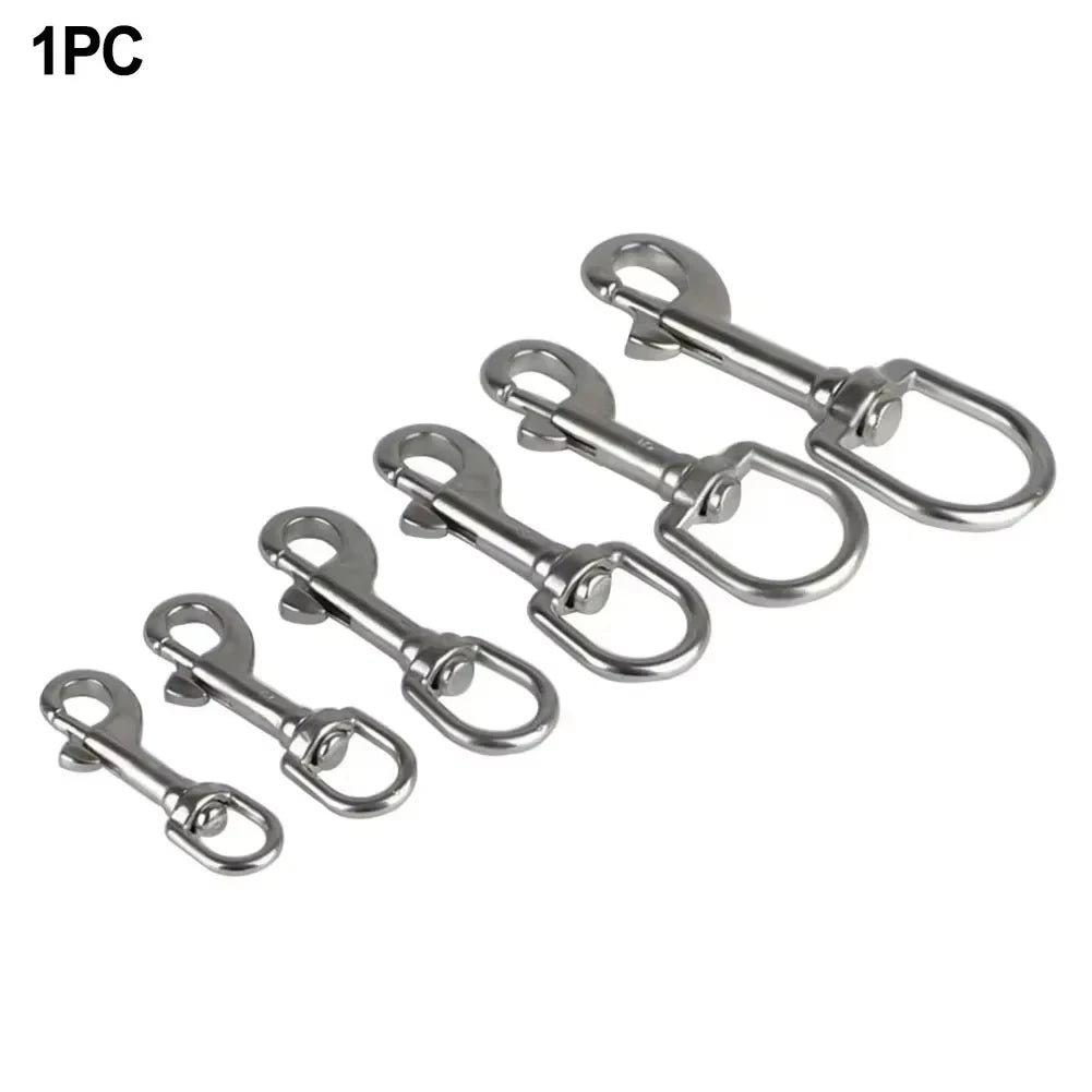 Pack of HookUpCo 316 stainless swivel eye snap hooks with oval gate and polished silver finish.