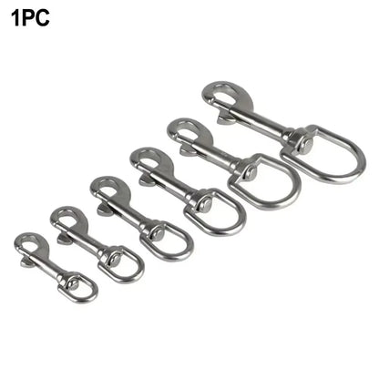 Pack of HookUpCo 316 stainless swivel eye snap hooks with oval gate and polished silver finish.