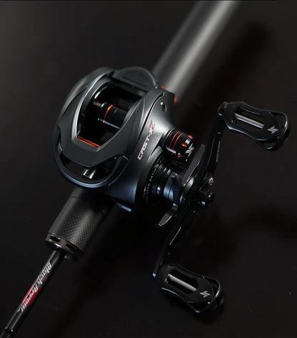 Close-up of a black baitcasting fishing reel on rod, outdoor gear for anglers