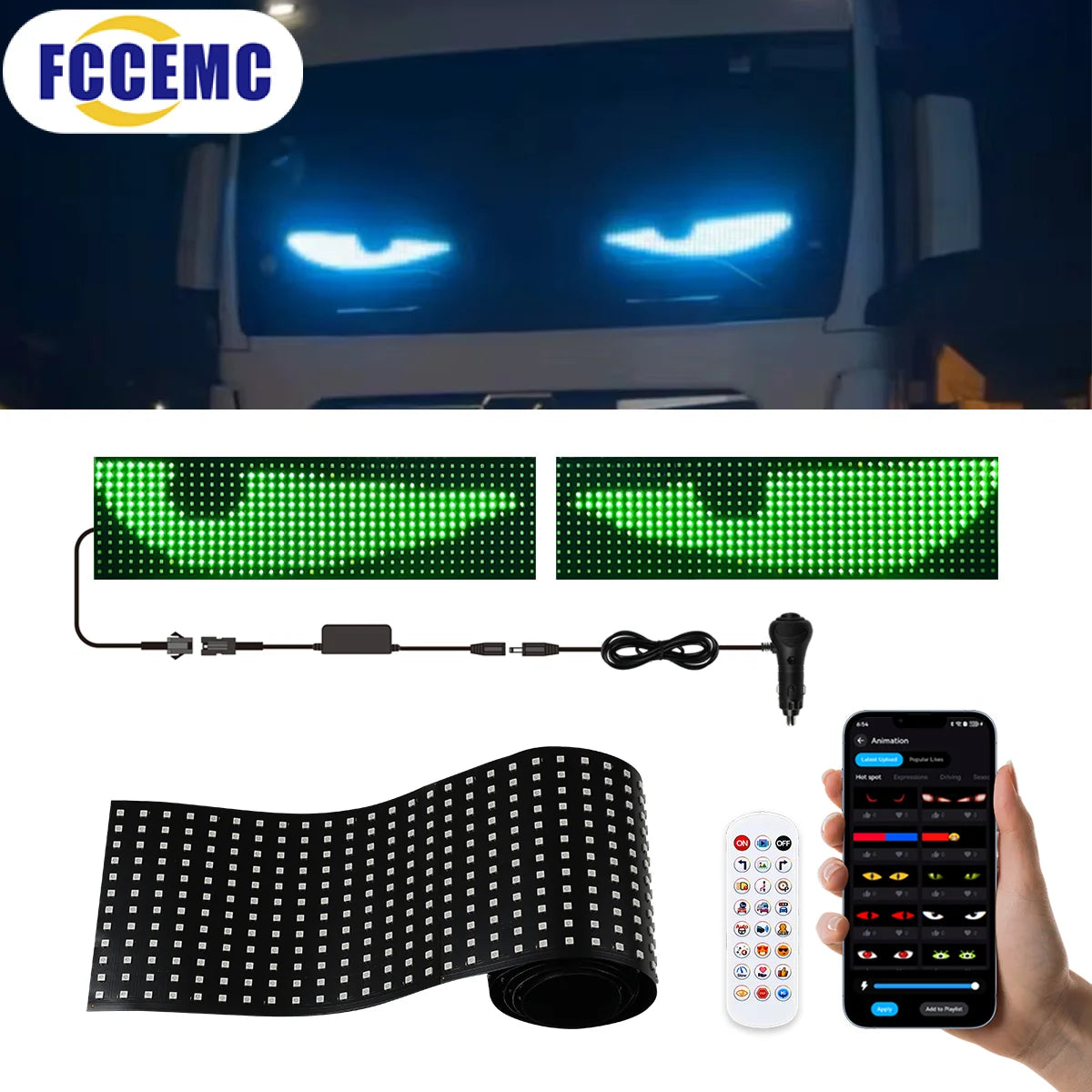 Car LED strip lights with control panel and smartphone app, featuring FCCEMC branding.