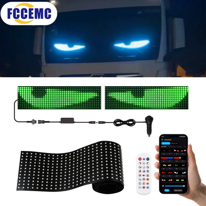Car LED strip lights with control panel and smartphone app, featuring FCCEMC branding.