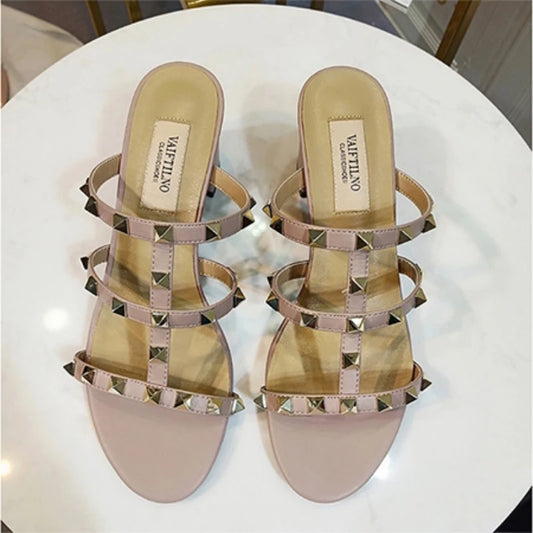 Elegant Block Heel Sandals with Hollow Rivets for Women
