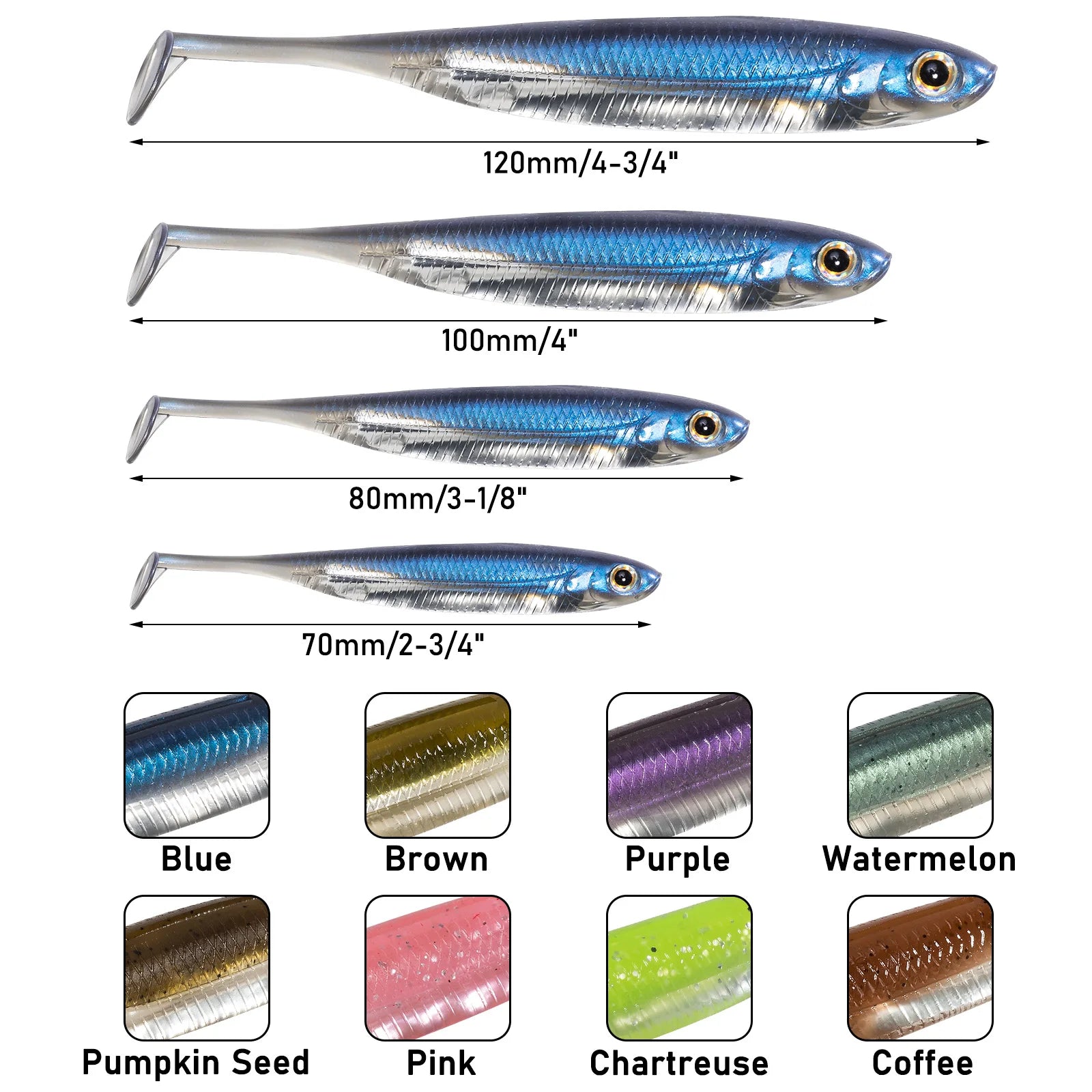 Soft plastic fishing lures in four sizes and eight colors, with labeled close-up swatches.