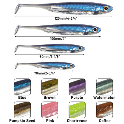 Soft plastic fishing lures in four sizes and eight colors, with labeled close-up swatches.