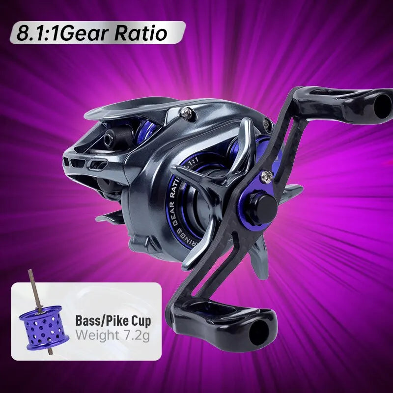 Baitcasting fishing reel with 8.1:1 gear ratio, lightweight bass pike cup, purple background