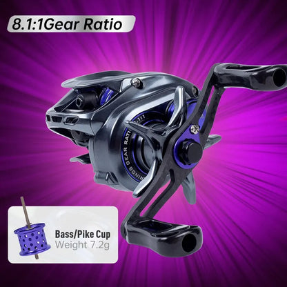 Baitcasting fishing reel with 8.1:1 gear ratio, lightweight bass pike cup, purple background