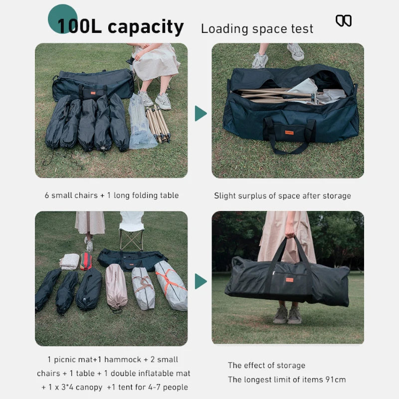 Demonstration of a large black carrying bag with camping gear, showing capacity and storage space.
