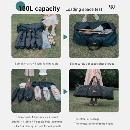 Demonstration of a large black carrying bag with camping gear, showing capacity and storage space.