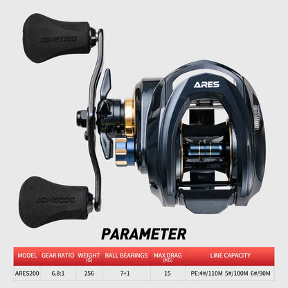 ARES200 baitcasting fishing reel with ergonomic handles and gear specifications chart
