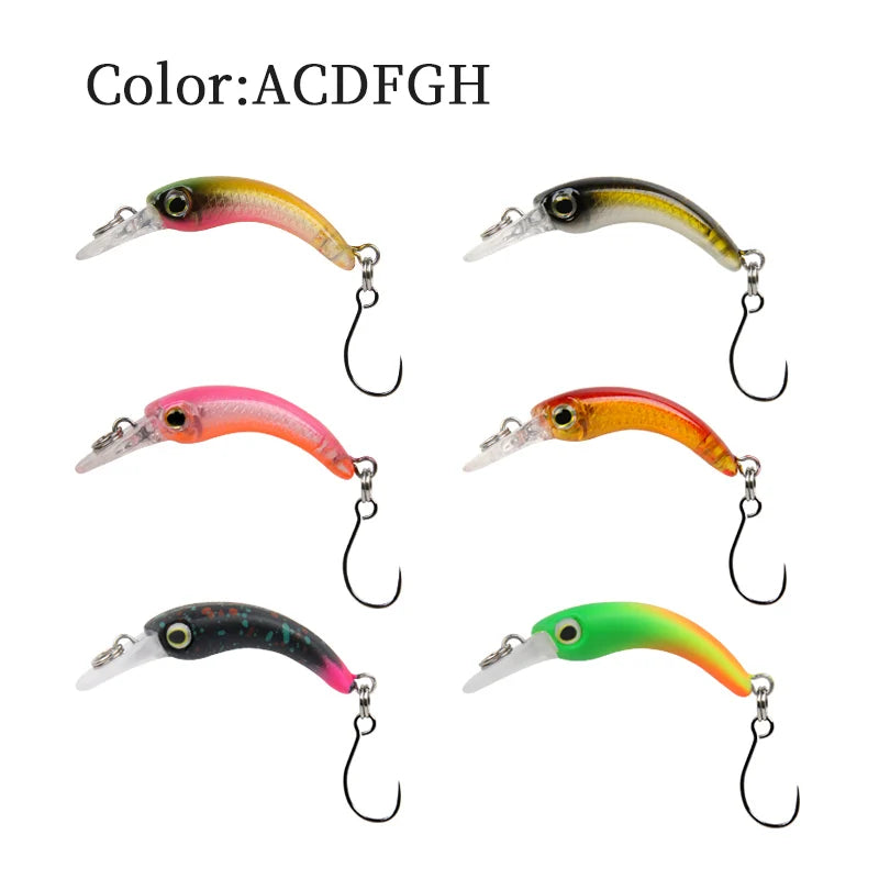Set of six colorful fishing lures with single hooks for outdoor fishing gear.