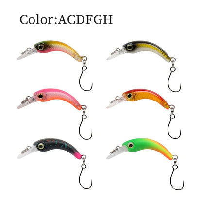 Set of six colorful fishing lures with single hooks for outdoor fishing gear.