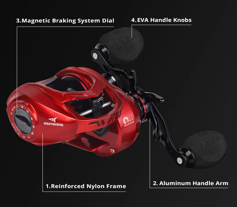 Red baitcasting fishing reel with reinforced nylon frame, aluminum handle arm, magnetic braking system, and EVA handle knobs on black background.