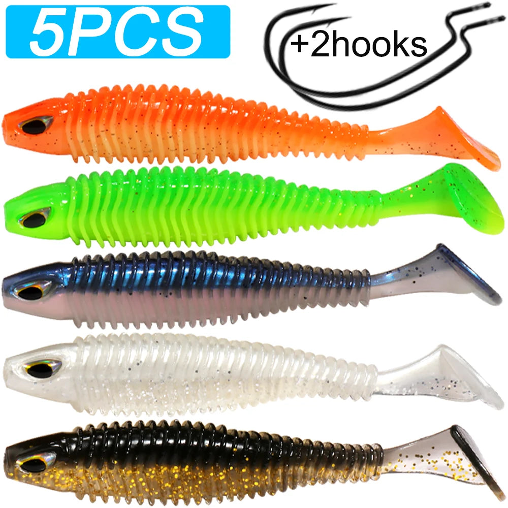 Set of 5 colorful soft fishing lures with 2 hooks, ribbed design, paddle tail, assorted colors