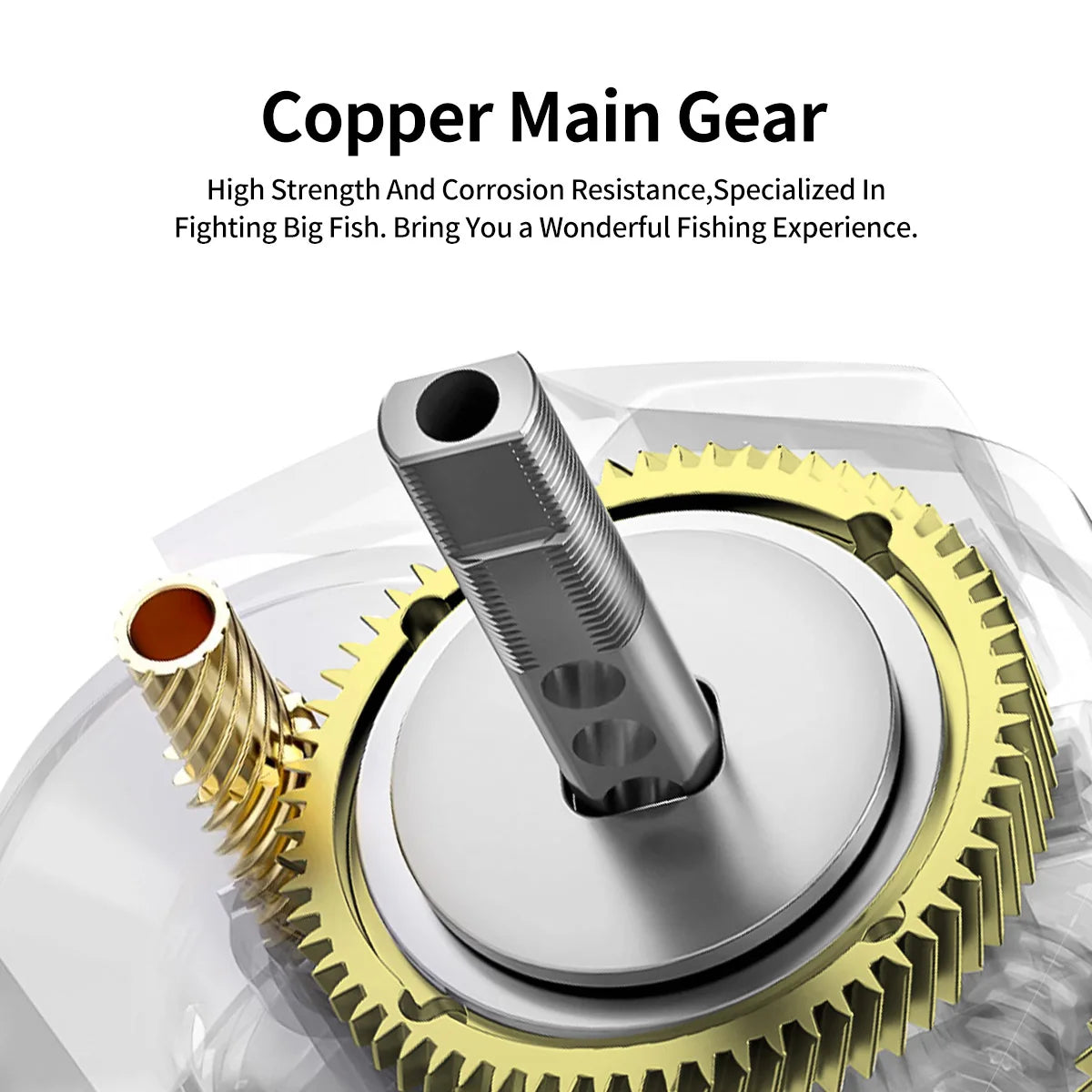 Close-up of copper fishing reel main gear with corrosion-resistant metal parts.