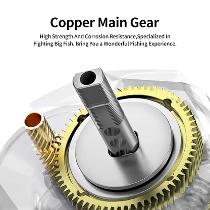 Close-up of copper fishing reel main gear with corrosion-resistant metal parts.