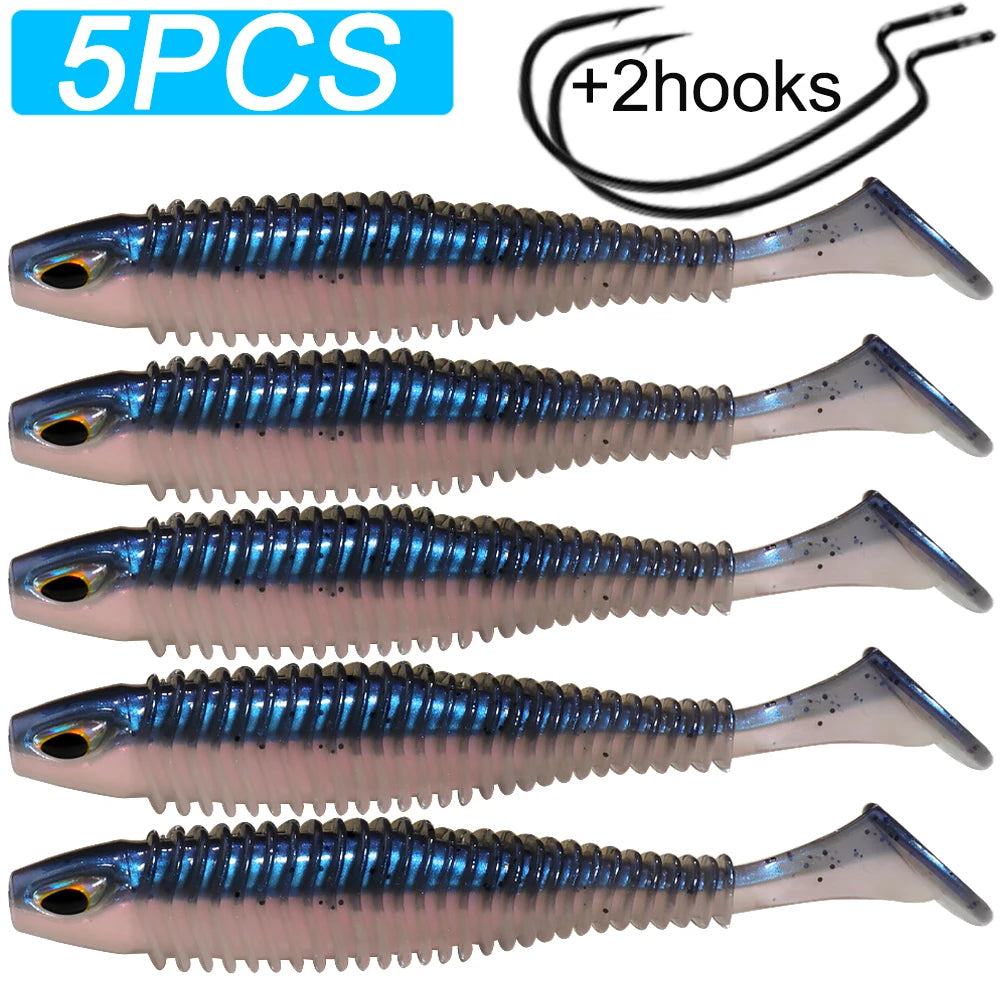 Set of 5 blue and silver soft plastic fishing lures with 2 hooks for outdoor fishing.
