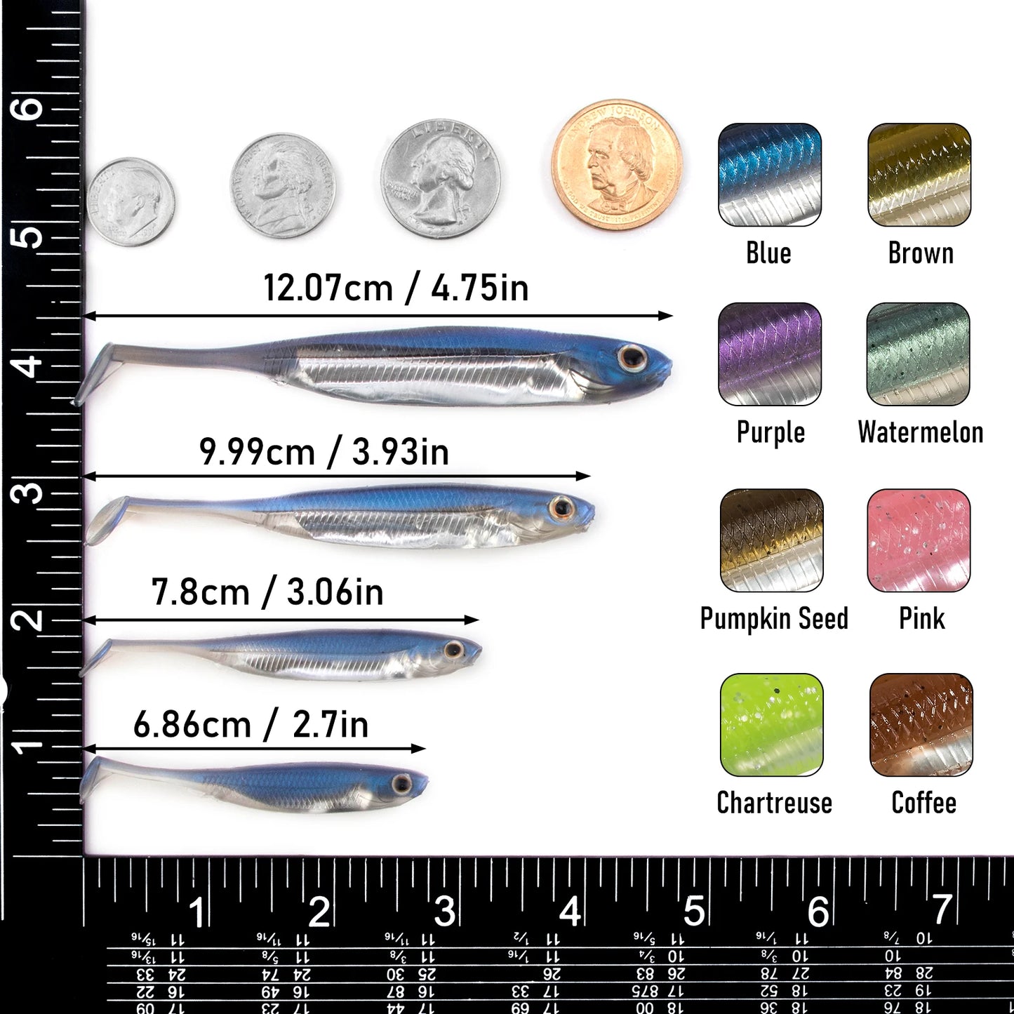 Assorted soft fishing lures in four sizes with coin size comparison and eight color options.