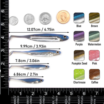 Assorted soft fishing lures in four sizes with coin size comparison and eight color options.