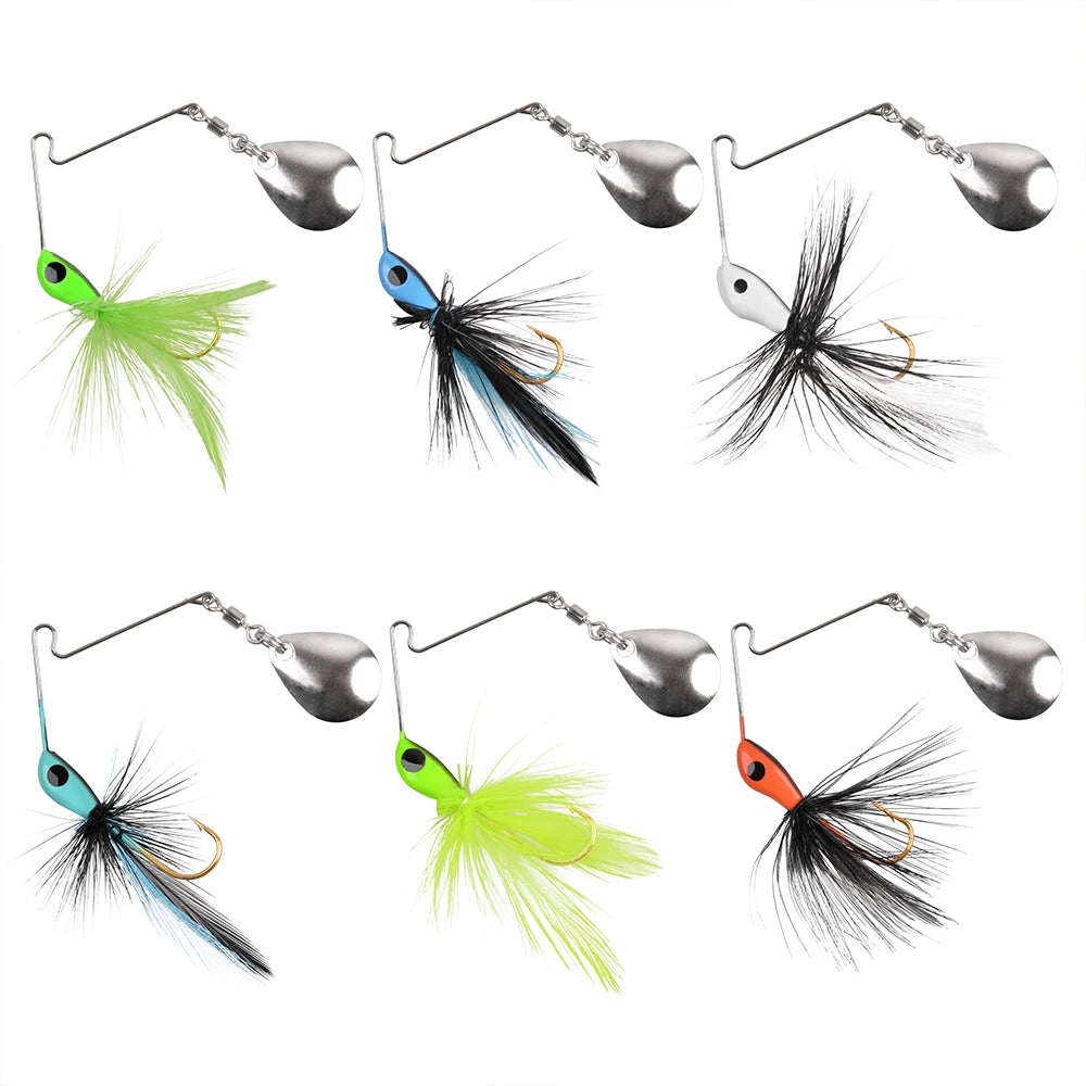 Set of six colorful feather fishing spinner lures with metal blades, ideal for outdoor fishing.