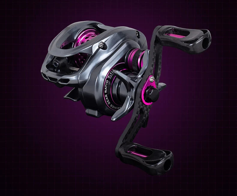 High-performance baitcasting fishing reel with black and pink accents on a dark background