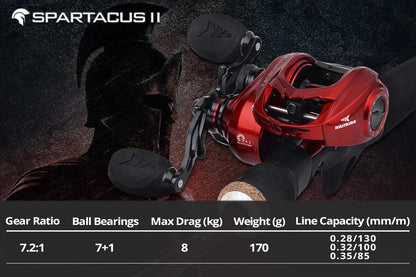 Red baitcasting fishing reel on rod with gear specs, outdoor gear background.