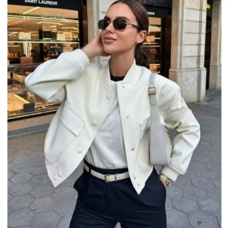Woman Bomber Jacket White Autumn Winter Button Cropped Jackets Women Fashion Long Sleeve Coats