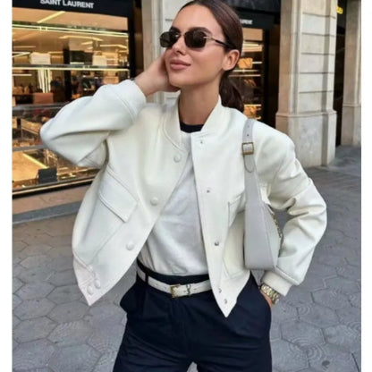 Woman Bomber Jacket White Autumn Winter Button Cropped Jackets Women Fashion Long Sleeve Coats