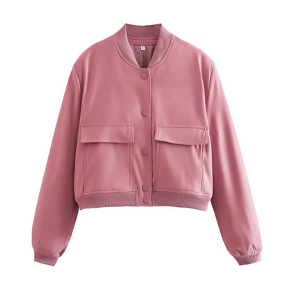 Woman Bomber Jacket White Autumn Winter Button Cropped Jackets Women Fashion Long Sleeve Coats
