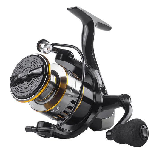 Black and gold spinning fishing reel for outdoor adventure gear and fishing equipment