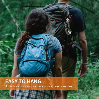 HookUpCo 5-in-1 survival tool shown on a backpack outdoors with carabiner and gear for camping.