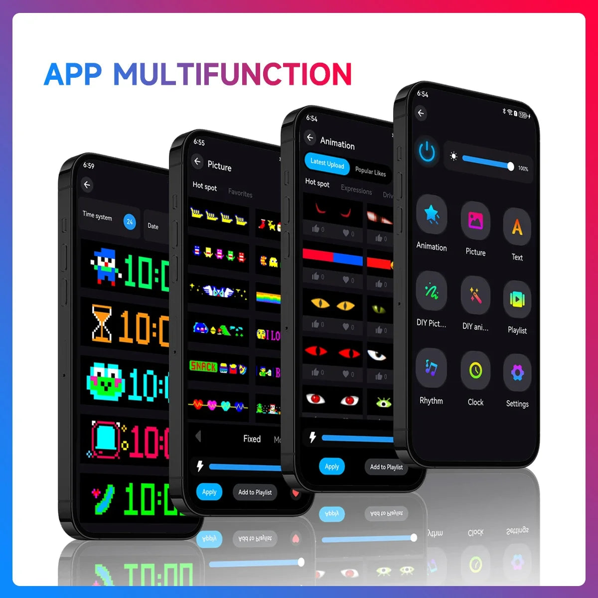 Multiple smartphones displaying app interfaces with colorful graphics on a reflective surface.
