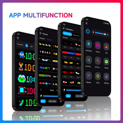 Multiple smartphones displaying app interfaces with colorful graphics on a reflective surface.