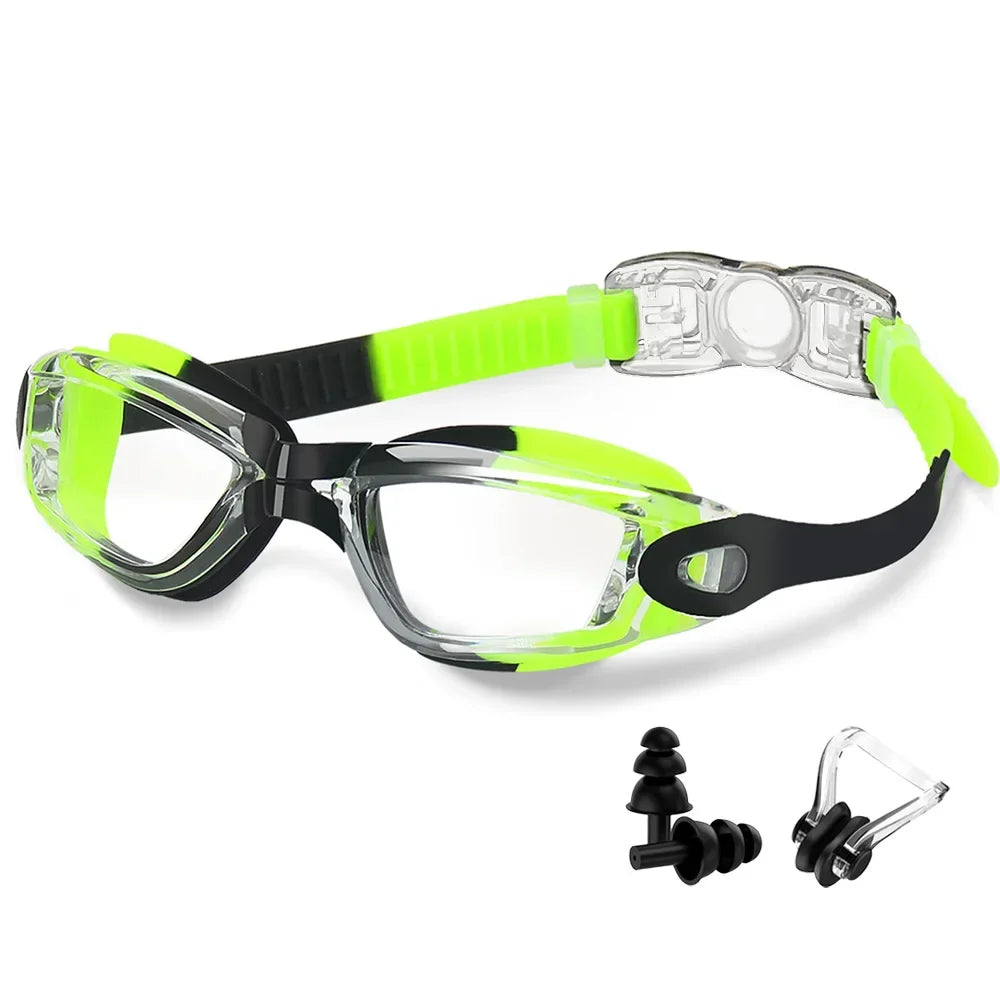 HookUpCo anti-fog UV swim goggles with neon green strap, clear lenses, and black side shield.