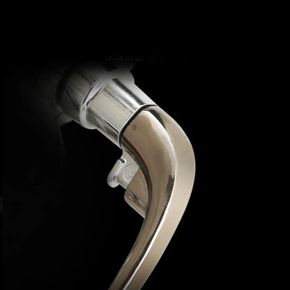 Close-up of a silver metal carabiner for outdoor gear and adventure equipment