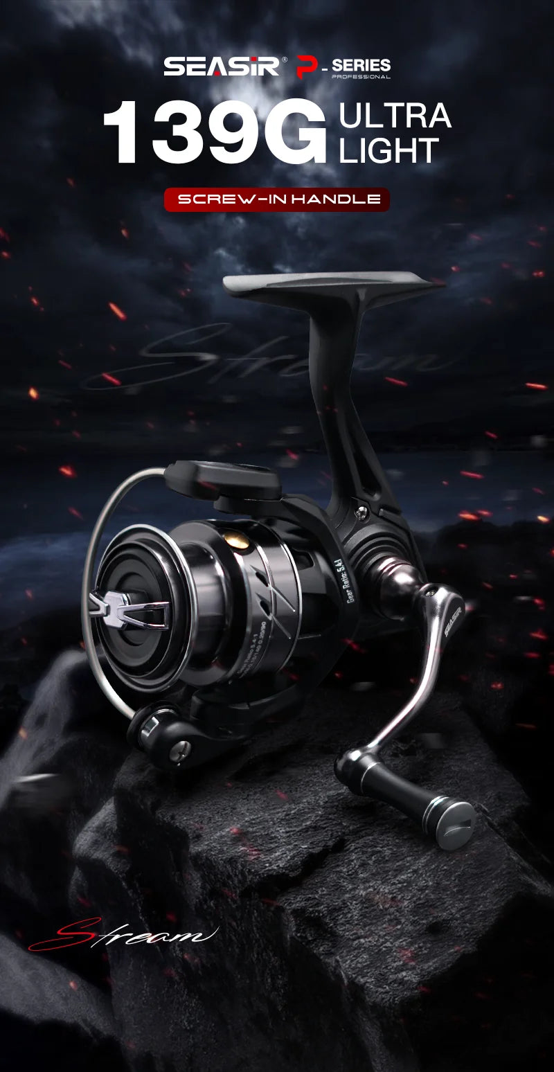 Ultra light 139g black spinning fishing reel with screw-in handle on a rocky surface