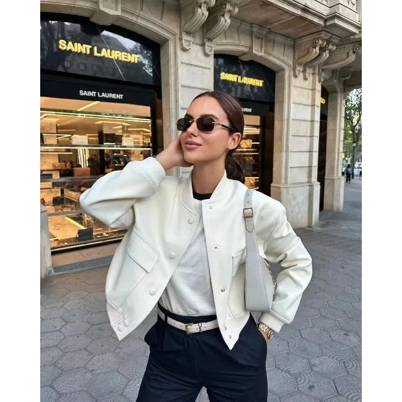 Woman Bomber Jacket White Autumn Winter Button Cropped Jackets Women Fashion Long Sleeve Coats