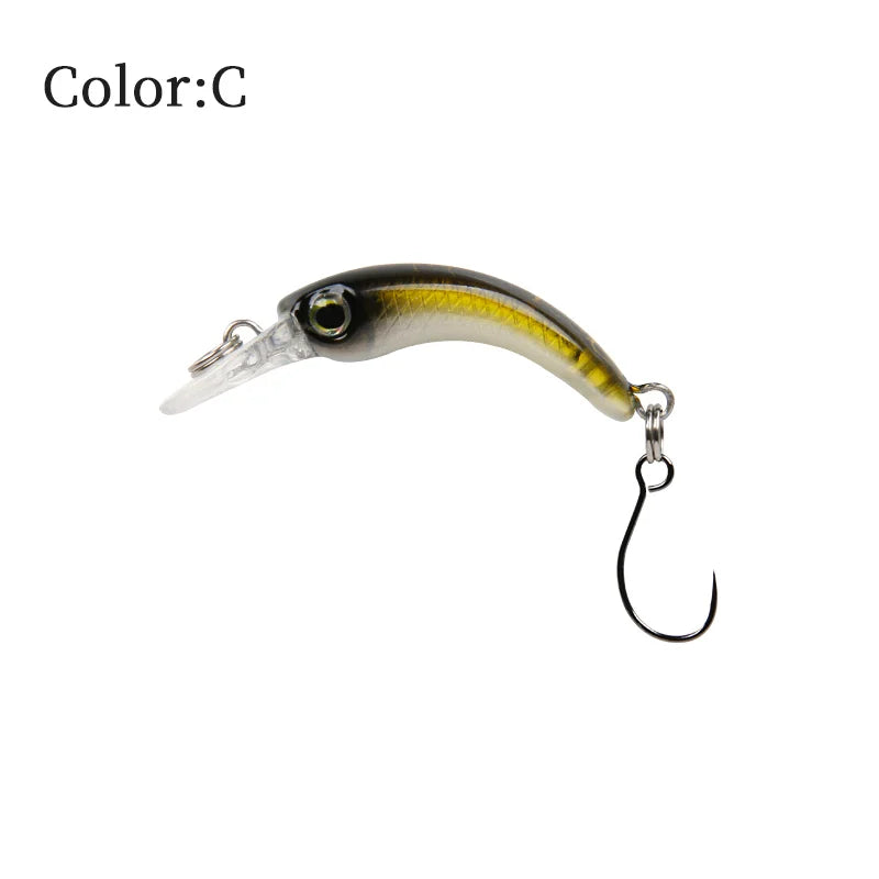 Curved fishing lure with realistic eye, yellow and black body, and single hook on white background