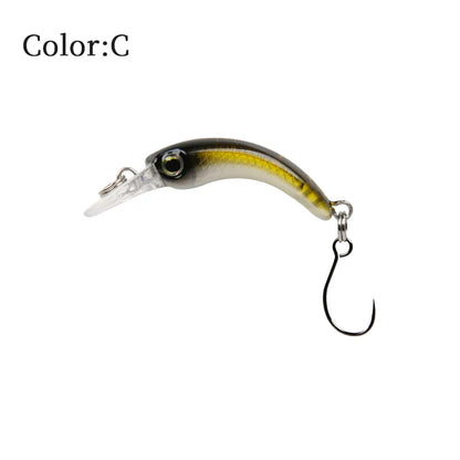 Curved fishing lure with realistic eye, yellow and black body, and single hook on white background