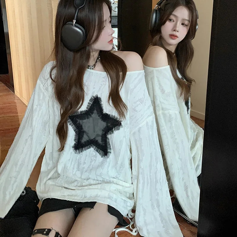 Harajuku Star Hollow Out Long Sleeve Casual T-Shirt for Women