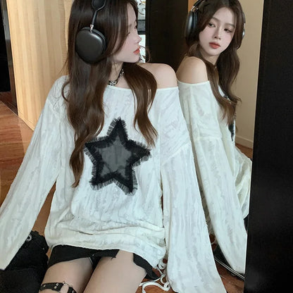 Harajuku Star Hollow Out Long Sleeve Casual T-Shirt for Women