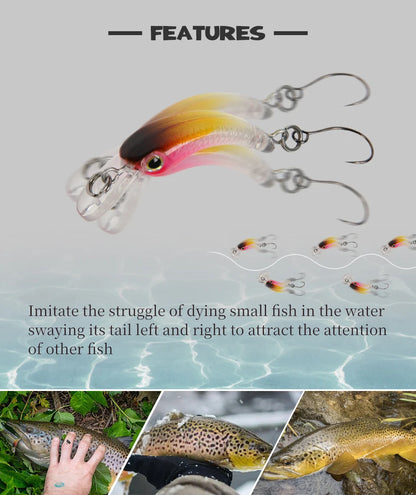 Realistic fishing lure with treble hooks, gradient colors, shown attracting brown trout.