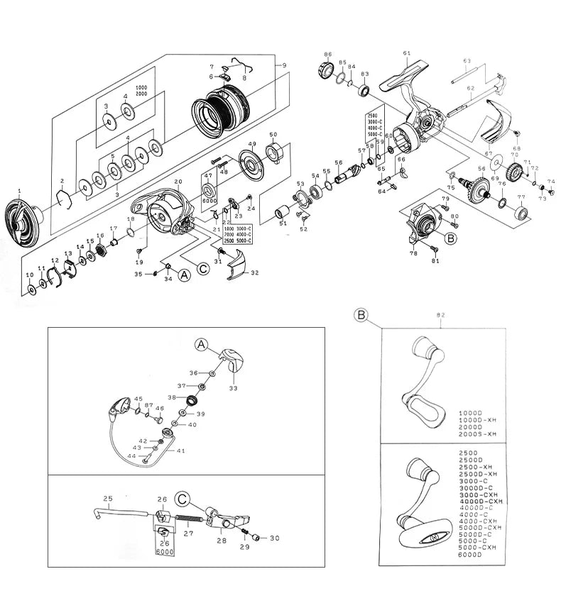Detailed fishing reel parts diagram with labeled components, exploded view for repair or assembly